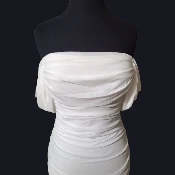 White Bodycon Ruched Stretch Dress - Picture 6 of 12